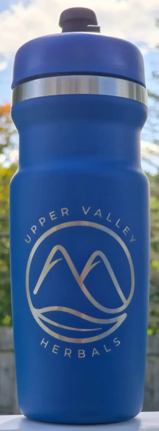 stainless steel blue waterbottle with Upper Valley Herbals logo
